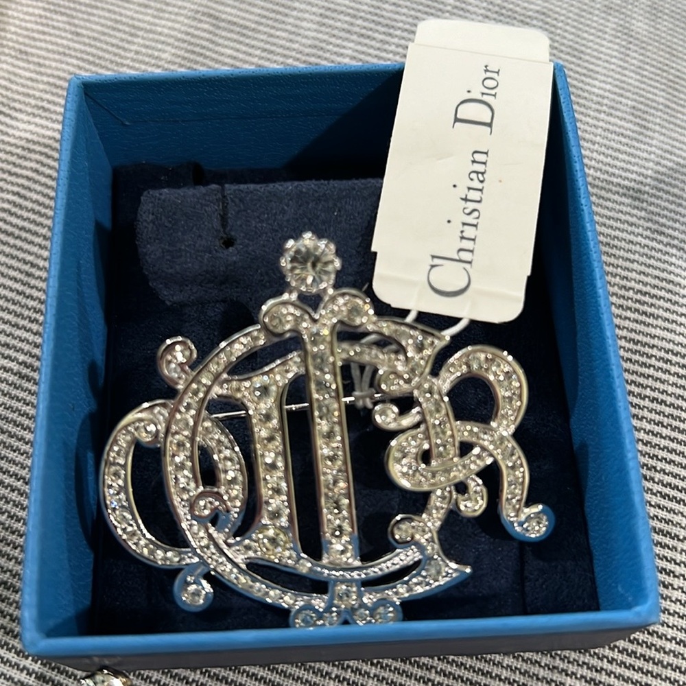 RARE New Christian Dior Crystal Brooch Pin in Silver Tone. made in Germany.